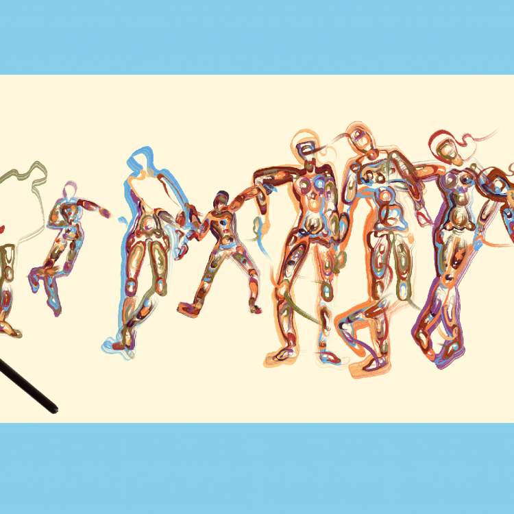 A hand painting an image of people (Painting Fool Software)